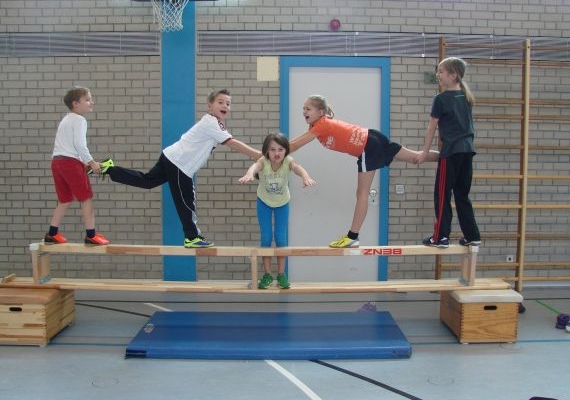 5 Bären balancieren auf dem Schwebebalken